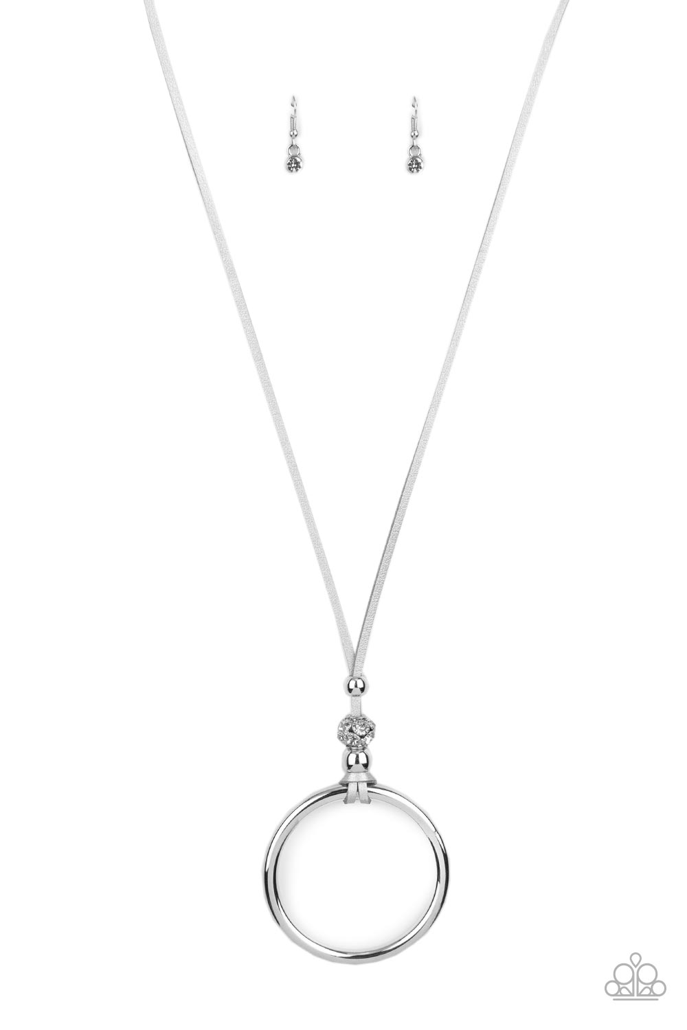 BLING Into Focus - Silver Leather & Bold Silver Hoop Pendant Paparazzi Necklace & matching earrings