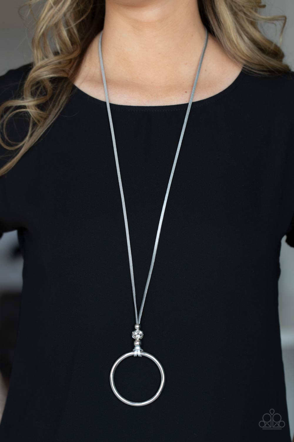 BLING Into Focus - Silver Leather & Bold Silver Hoop Pendant Paparazzi Necklace & matching earrings