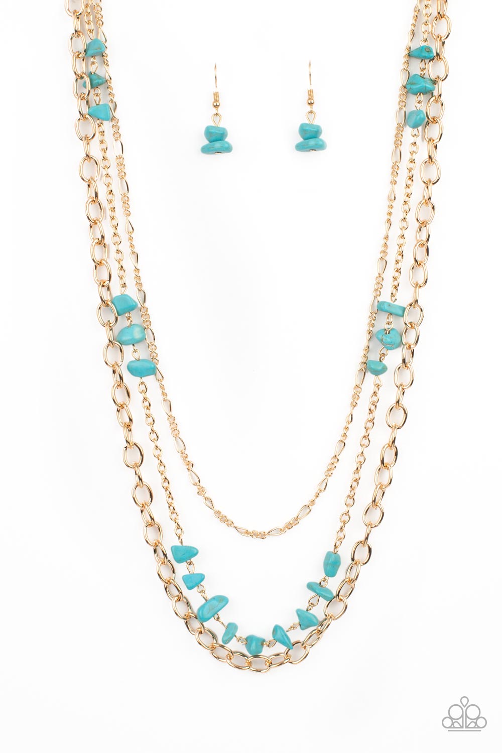 Artisanal Abundance - Gold Mismatched Chains/Turquoise Stones Paparazzi Necklace & matching earrings