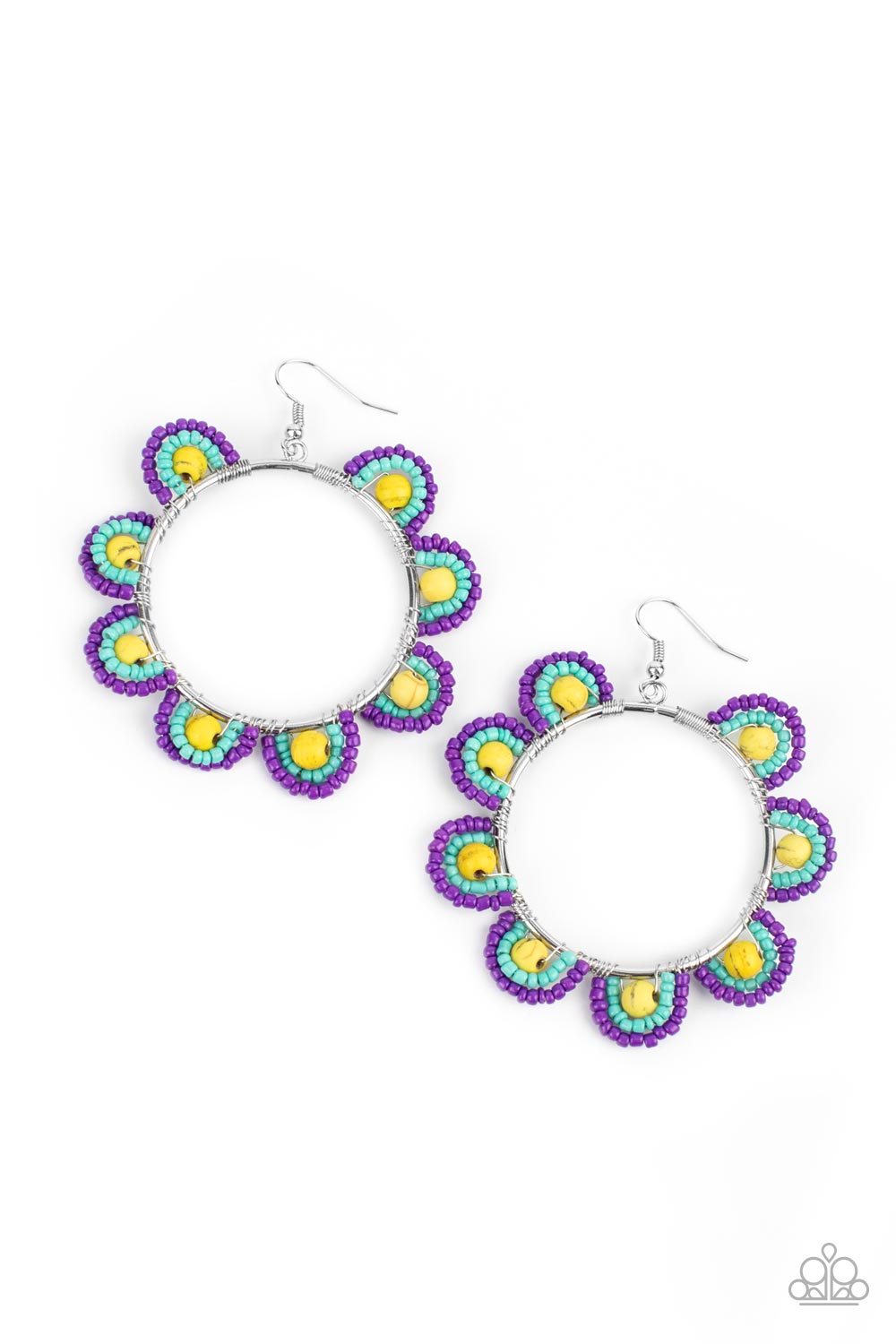 Groovy Gardens - Yellow Stone Bead/Purple & Turquoise Seed Bead Flower Paparazzi Earrings