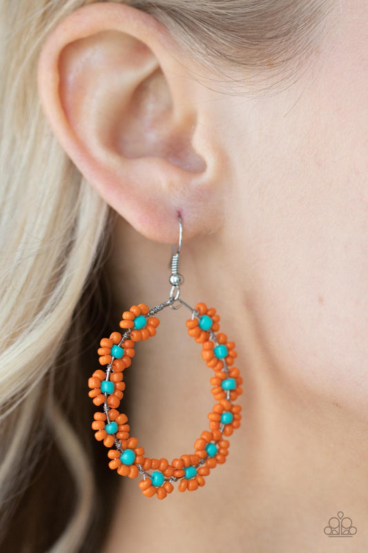 Festively Flower Child - Orange & Turquoise Seed Bead Flower Earrings