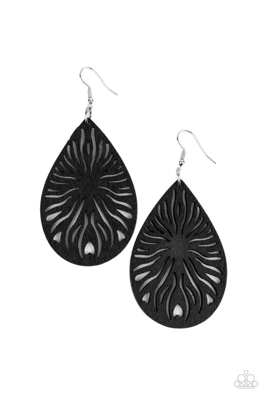 Sunny Incantations - Black Wooden Starburst Pattern Paparazzi Earrings