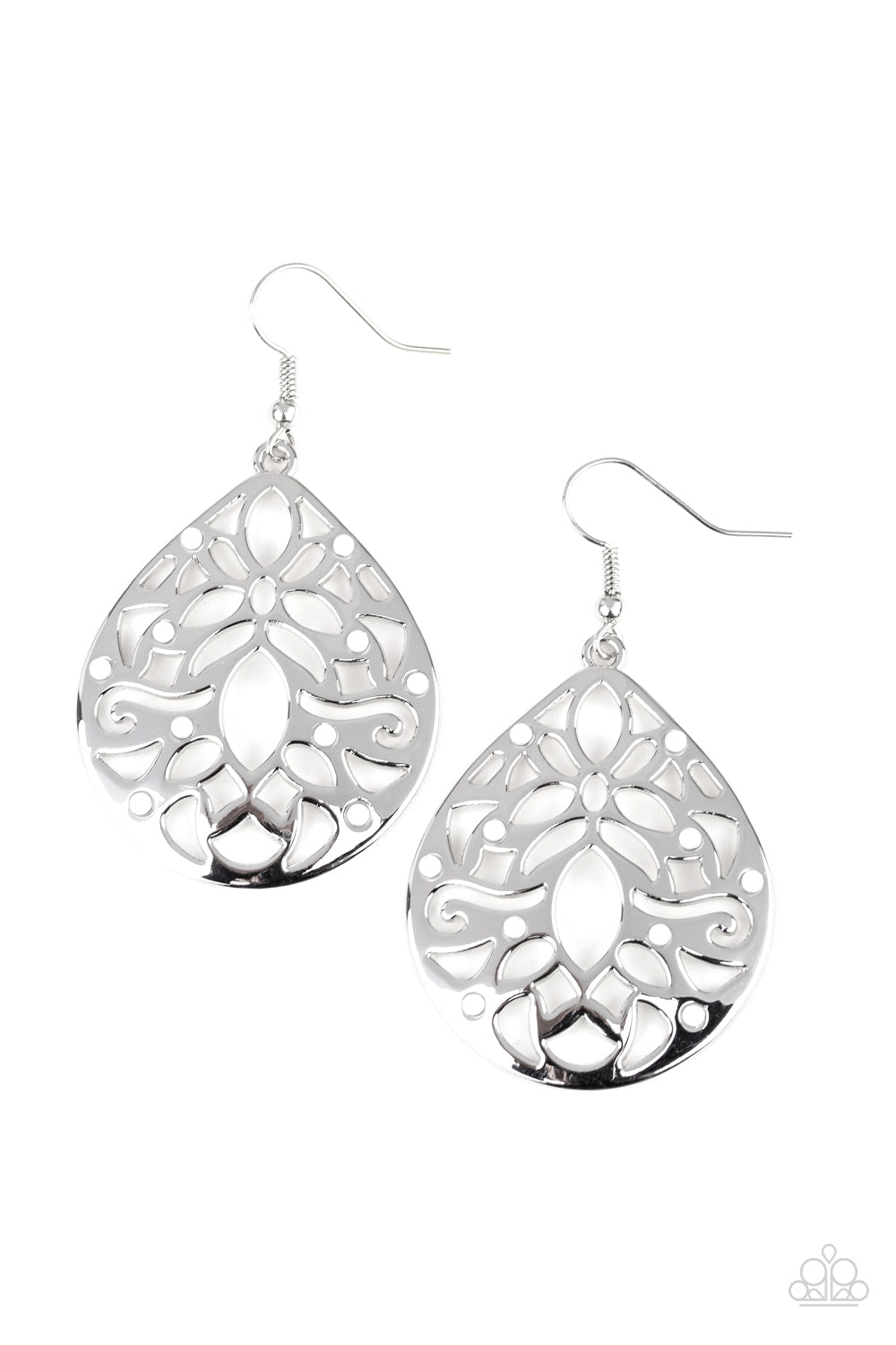 Casually Coachella - White Dainty Beaded Stenciled Teardrop Earrings