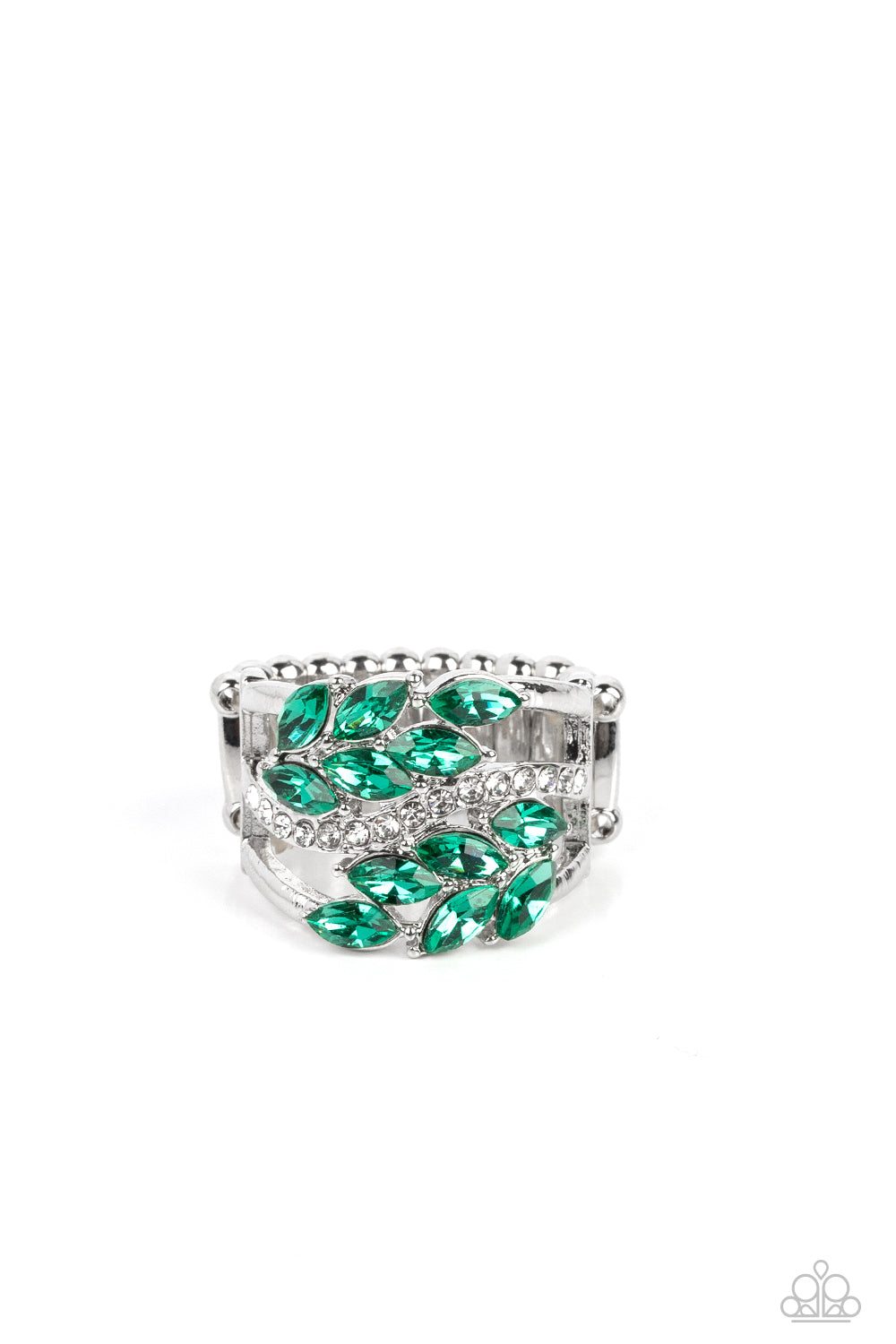 Luminously Leafy - Green Marquise-Cut Crystals & White Rhinestone Paparazzi Ring