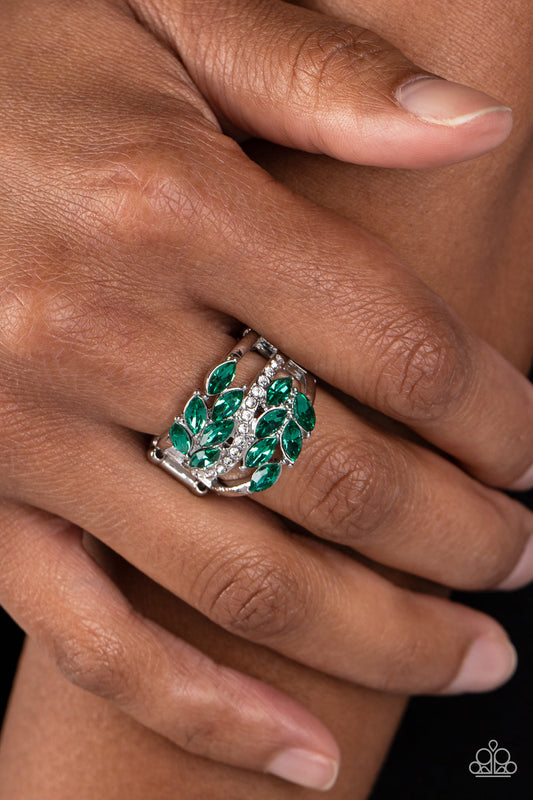 Luminously Leafy - Green Marquise-Cut Crystals & White Rhinestone Paparazzi Ring