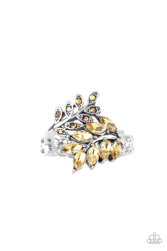 Glowing Gardenista - Yellow & Iridescent Rhinestone/Silver Leafy Band Paparazzi Ring