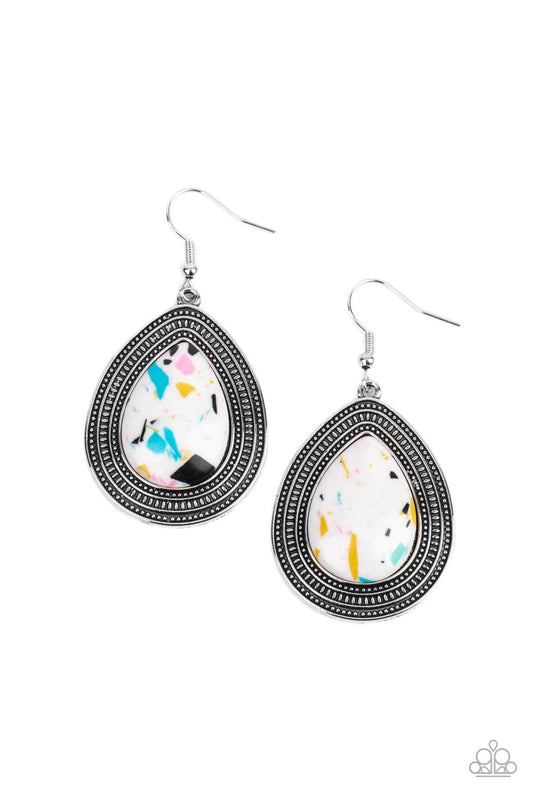 Terrazzo Tundra - Multi Terrazzo Pattern White Teardrop Stone Paparazzi Earrings