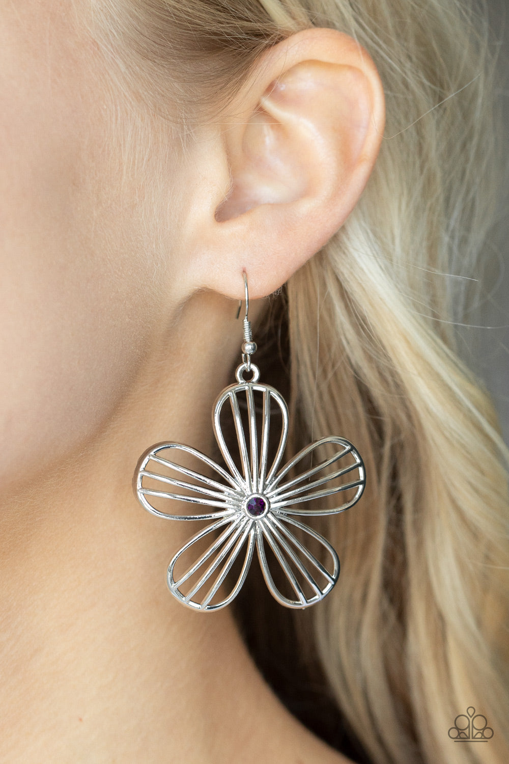 Meadow Musical - Purple Rhinestone Center & Silver Flower Paparazzi Earrings