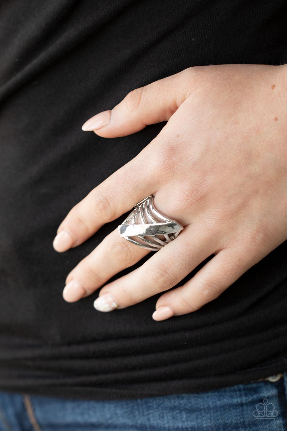 Encrypted Edge - Silver Slanted Intersecting Columns Paparazzi Ring