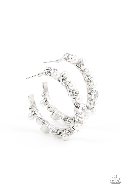 Let There Be SOCIALITE - White Pearl & Rhinestone Encrusted Paparazzi Hoop Post Earrings / September 2021 LOP