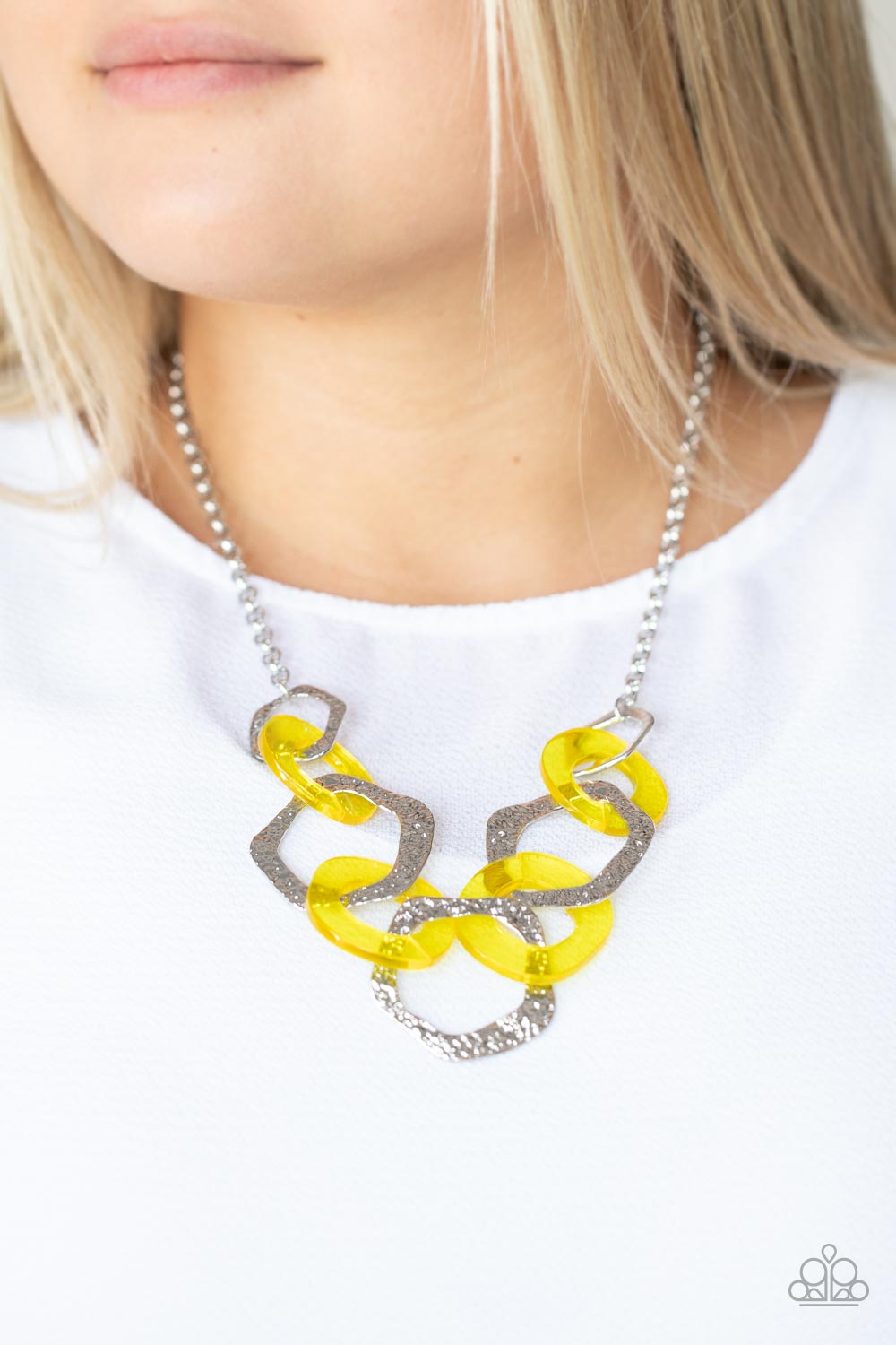 Urban Circus - Yellow Neon Acrylic & Silver Asymmetrical Hoop Necklace & matching earrings