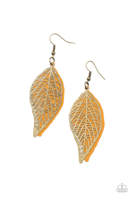 Leafy Luxury - Brass Airy Stenciled Frame & Brown Metal Leaf Paparazzi Earrings