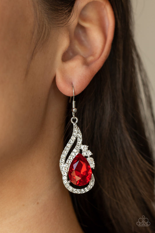 Dancefloor Diva - Red Oversized Teardrop Gem & White Rhinestone Paparazzi Earrings