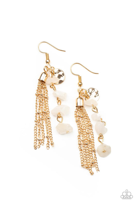 Stone Sensation - Gold Chain Tassel & White Raw Cut Stone Beaded Paparazzi Earrings