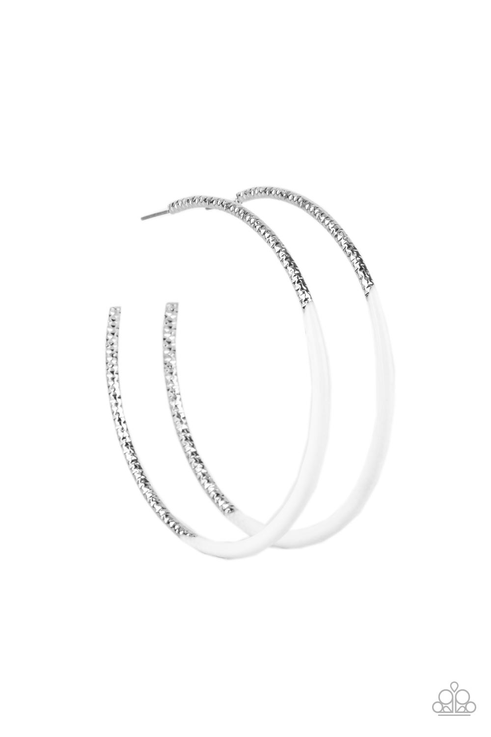 DIP, DIP, Hooray! - White Dipped Faceted Silver Paparazzi Hoop Earrings