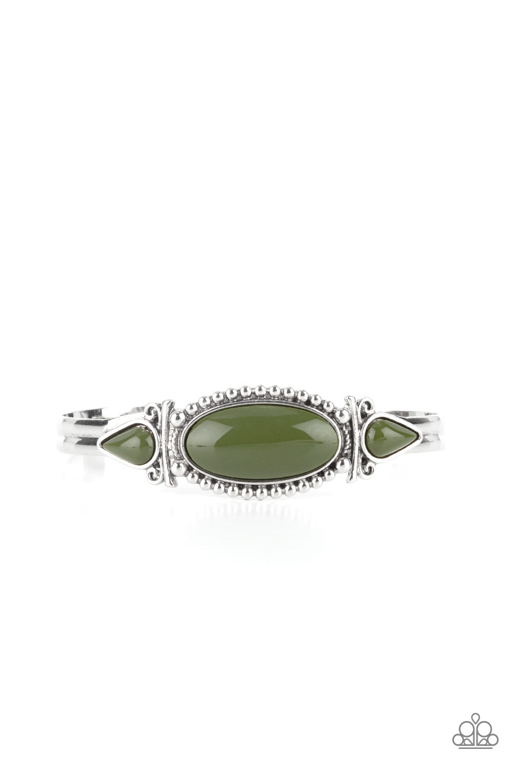 Tribal Trinket - Green Beads & Studded Silver Filigree Paparazzi Cuff Bracelet