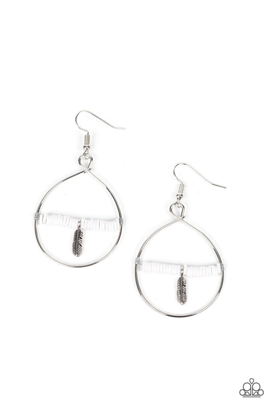 Free Bird Freedom - White Rubbery Discs & Silver Feather Charm Paparazzi Earrings