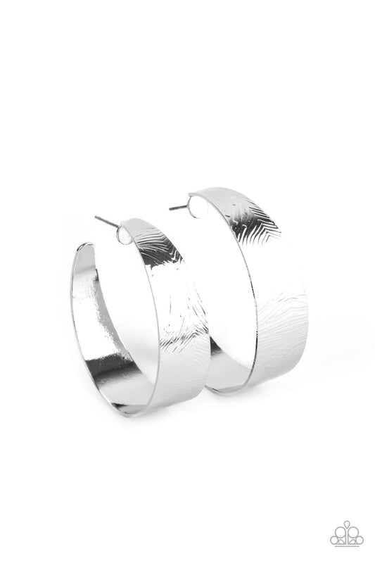Curve Crushin - Silver Embossed Thick Silver Hoop Paparazzi Earrings