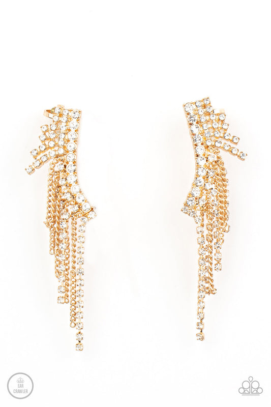 Thunderstruck Sparkle - Gold Dainty Chain & White Rhinestone Fringe Paparazzi Ear Crawler Earrings