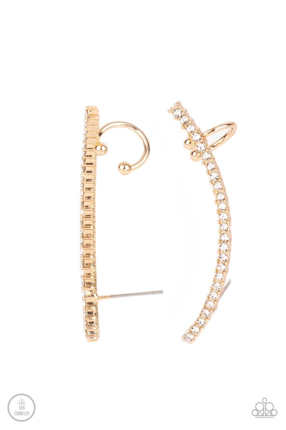 Sleekly Shimmering - Gold Fittings & White Rhinestone Encrusted Paparazzi Ear Crawler Earrings