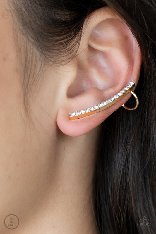 Sleekly Shimmering - Gold Fittings & White Rhinestone Encrusted Paparazzi Ear Crawler Earrings