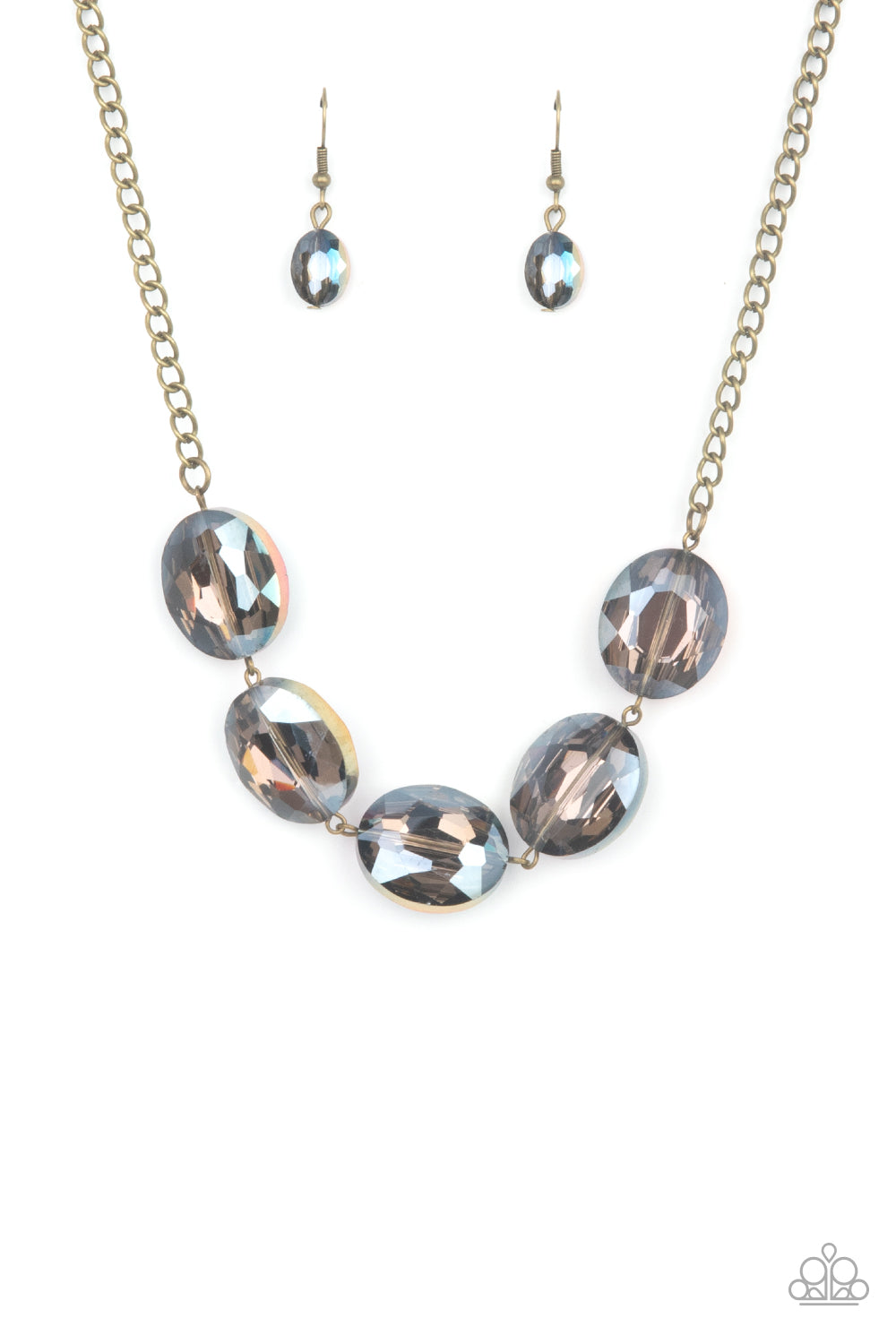Cosmic Closeup - Brass Oversized Oil Spill Finish Faceted Beaded Paparazzi Necklace & matching earrings
