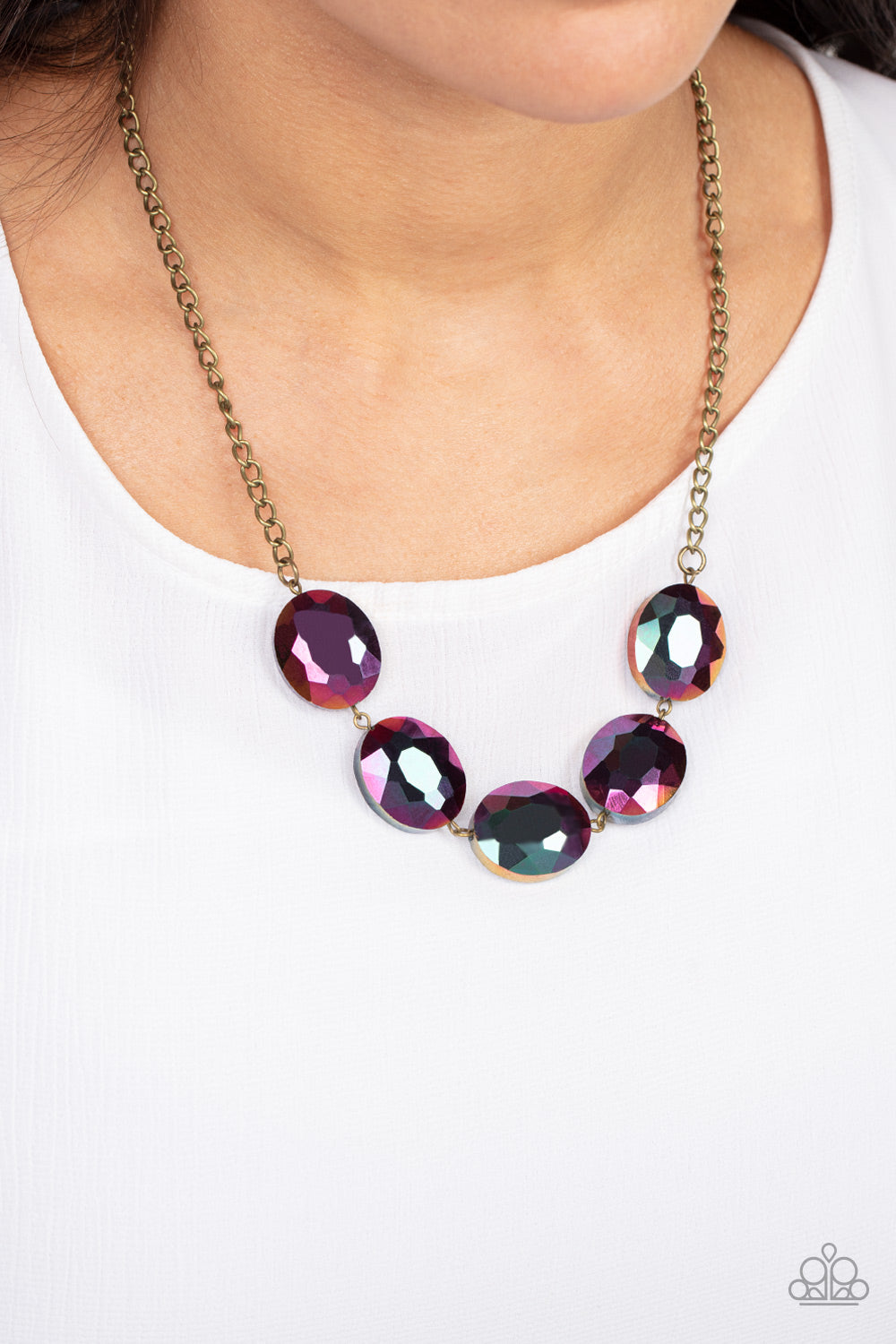 Cosmic Closeup - Brass Oversized Oil Spill Finish Faceted Beaded Paparazzi Necklace & matching earrings