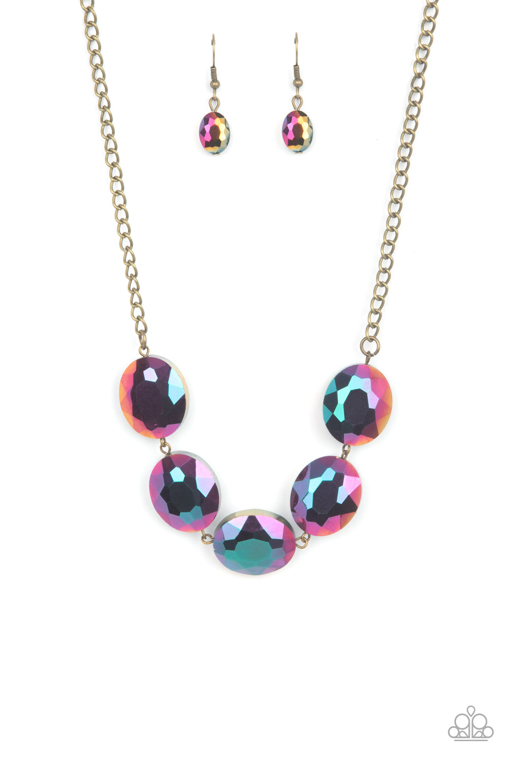 Cosmic Closeup - Brass Oversized Oil Spill Finish Faceted Beaded Paparazzi Necklace & matching earrings