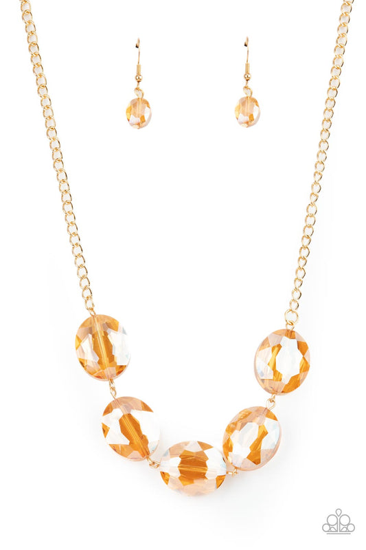 Cosmic Closeup - Gold Oversized Iridescent Finish Faceted Beaded Paparazzi Necklace & matching earrings