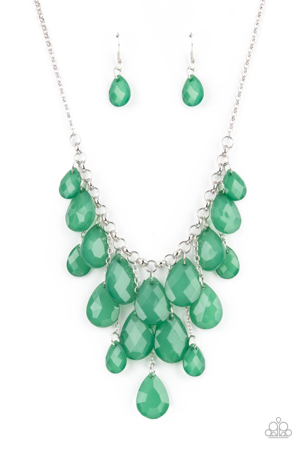 Front Row Flamboyance - Green Opaque Faceted Teardrop Fringe Paparazzi Necklace & matching earrings