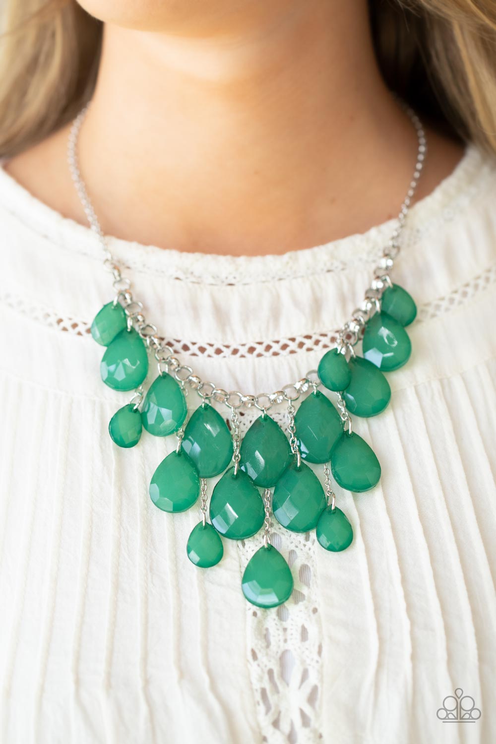 Front Row Flamboyance - Green Opaque Faceted Teardrop Fringe Paparazzi Necklace & matching earrings