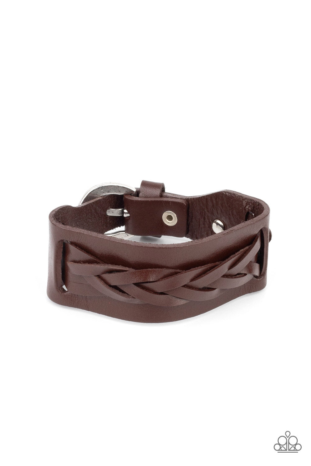 Practical Pioneer - Brown Braided Leather & Hammered Silver Stud Paparazzi Men's Adjustable Bracelet