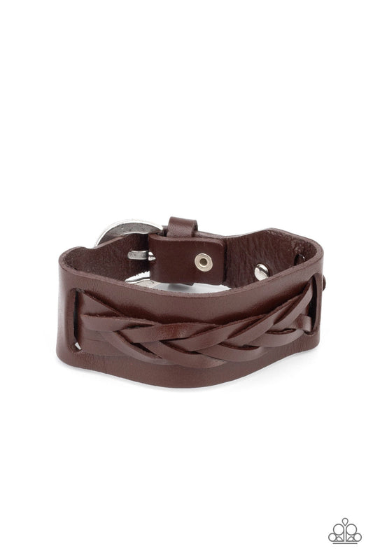 Practical Pioneer - Brown Braided Leather & Hammered Silver Stud Paparazzi Men's Adjustable Bracelet