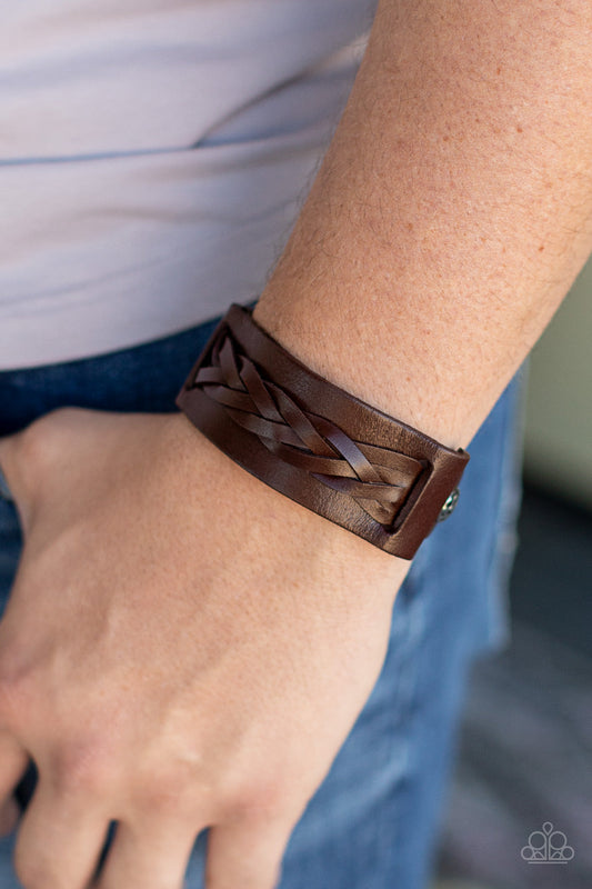 Practical Pioneer - Brown Braided Leather & Hammered Silver Stud Paparazzi Men's Adjustable Bracelet