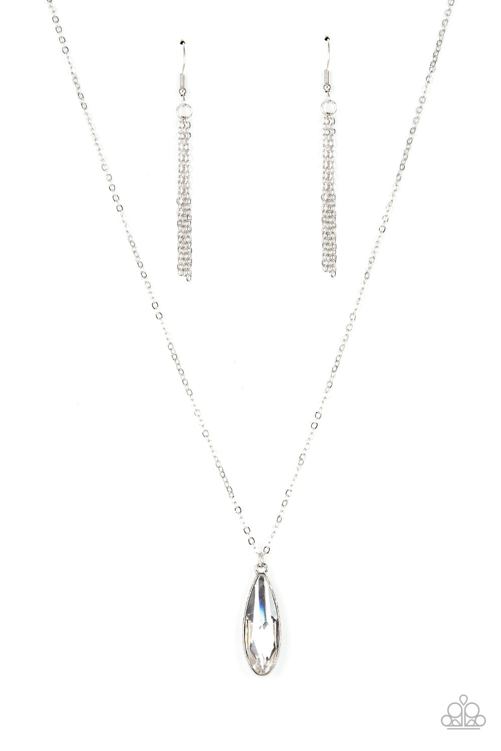 Prismatically Polished - White Elongated Teardrop Gem Pendant Paparazzi Necklace & matching earrings