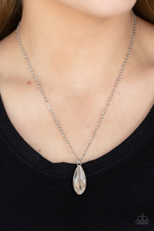 Prismatically Polished - White Elongated Teardrop Gem Pendant Paparazzi Necklace & matching earrings