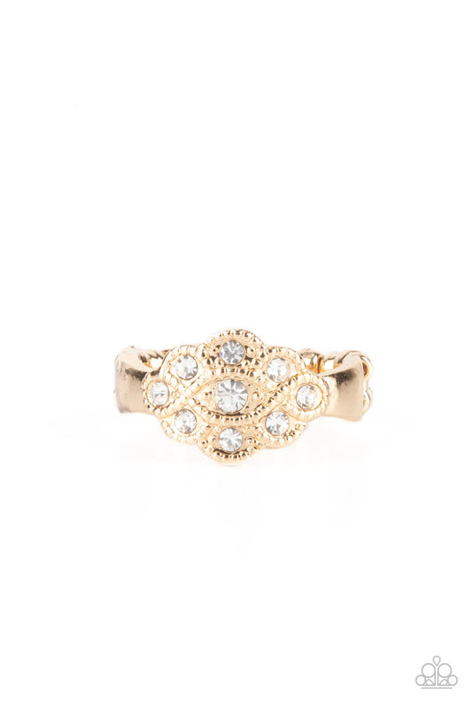 Floral Frou-Frou - Gold Studded Floral Frame/White Rhinestone Paparazzi Ring