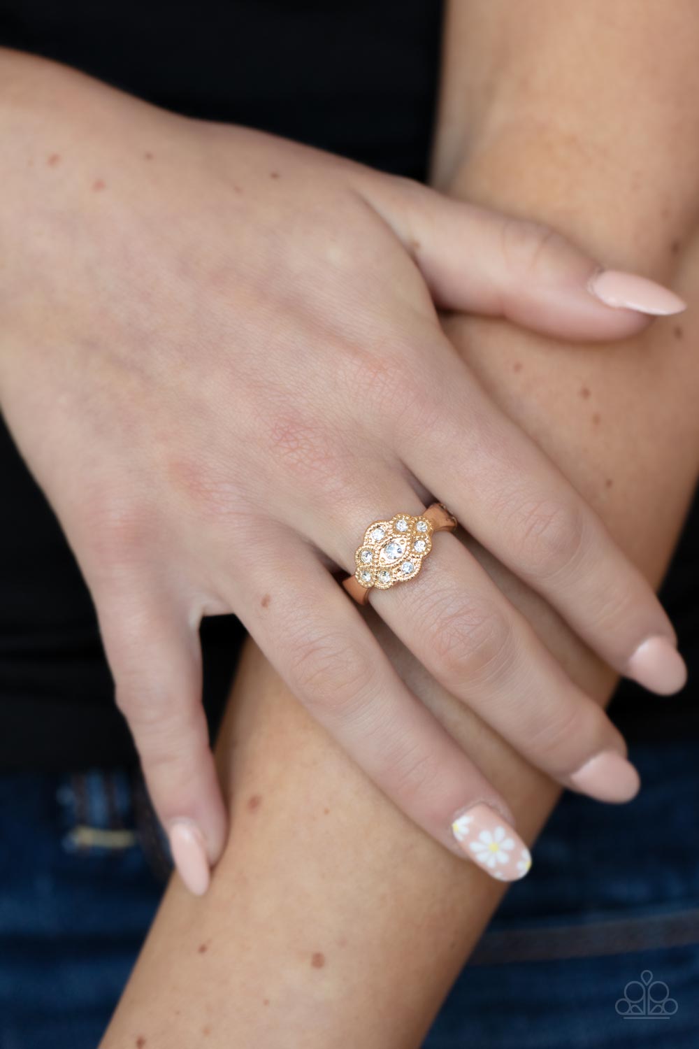 Floral Frou-Frou - Gold Studded Floral Frame/White Rhinestone Paparazzi Ring