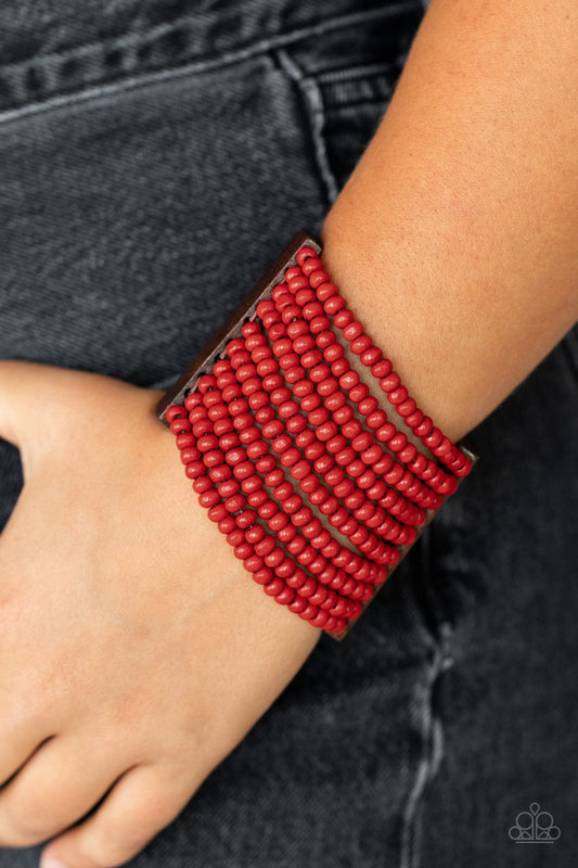 Waikiki Wonderland - Red Wooden Beads & Brown Wooden Rectangle Frame Paparazzi Stretch Bracelet