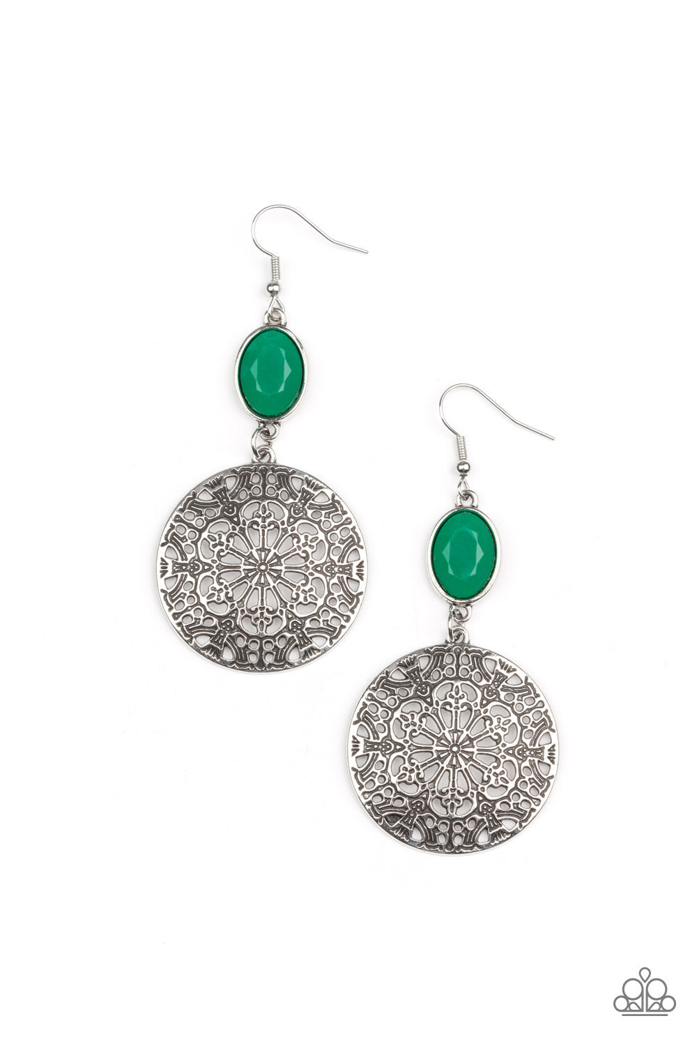 Eloquently Eden - Green Bead & Floral Filigree Silver Disc Paparazzi Earrings
