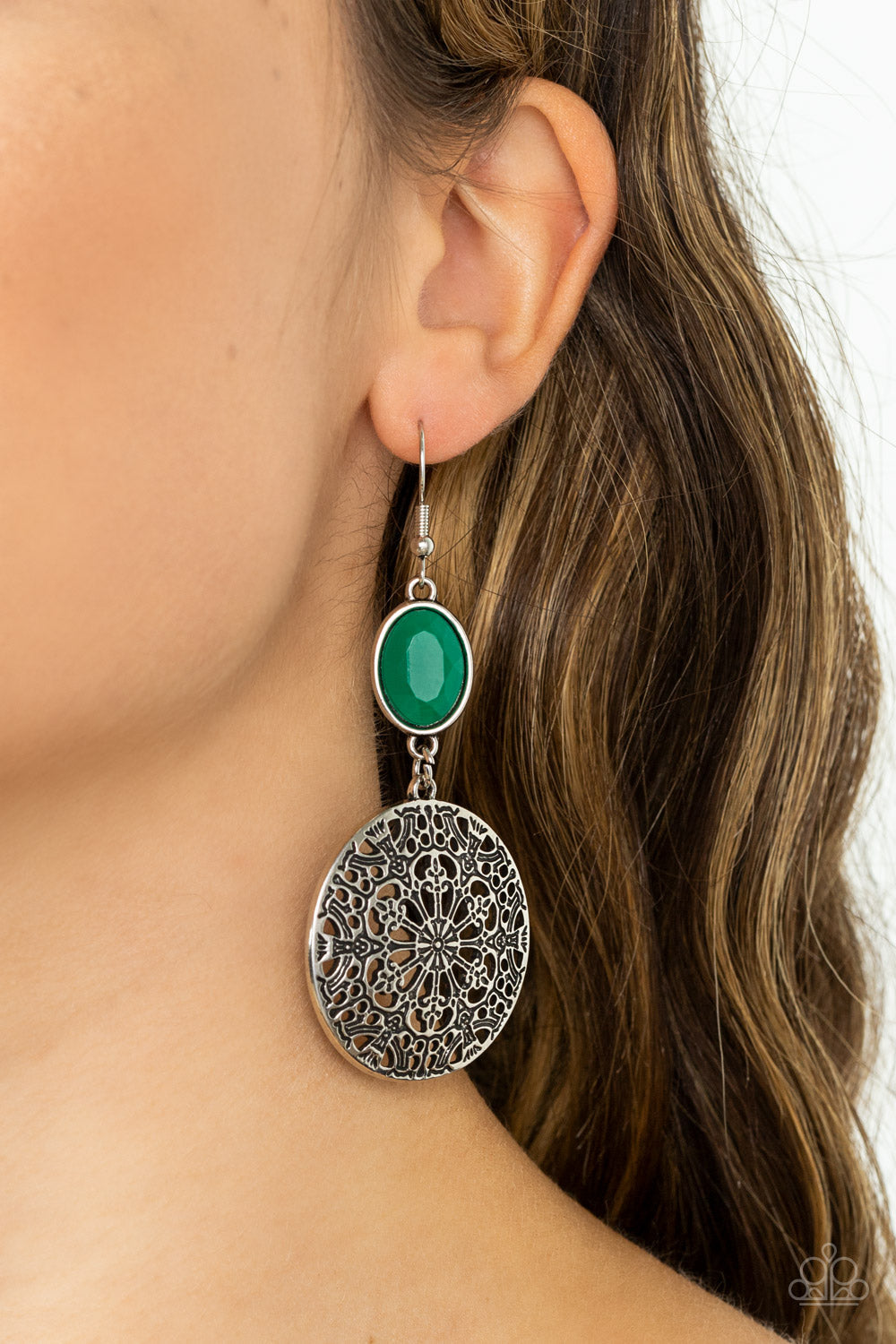 Eloquently Eden - Green Bead & Floral Filigree Silver Disc Paparazzi Earrings