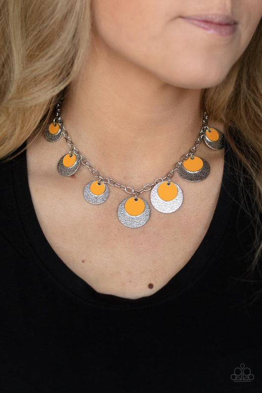 The Cosmos Are Calling - Orange Accents/Textured Silver Disc Paparazzi Necklace & matching earrings