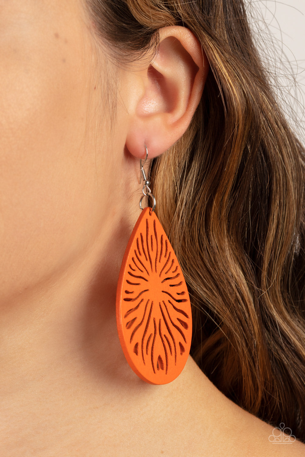 Sunny Incantations - Orange Starburst Cutout Pattern Wooden Paparazzi Earrings