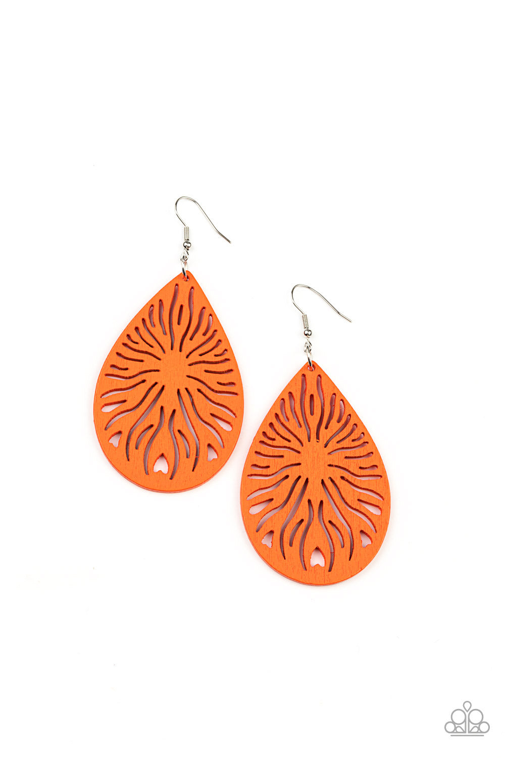 Sunny Incantations - Orange Starburst Cutout Pattern Wooden Paparazzi Earrings