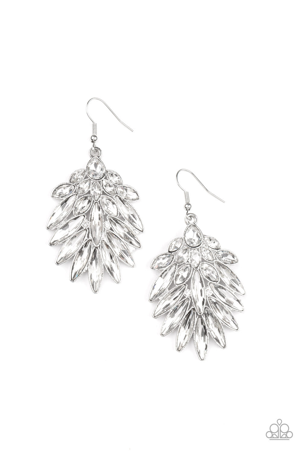 COSMIC-politan - White Teardrop & Oblong Marquise Cut Rhinestone Fan Paparazzi Earrings