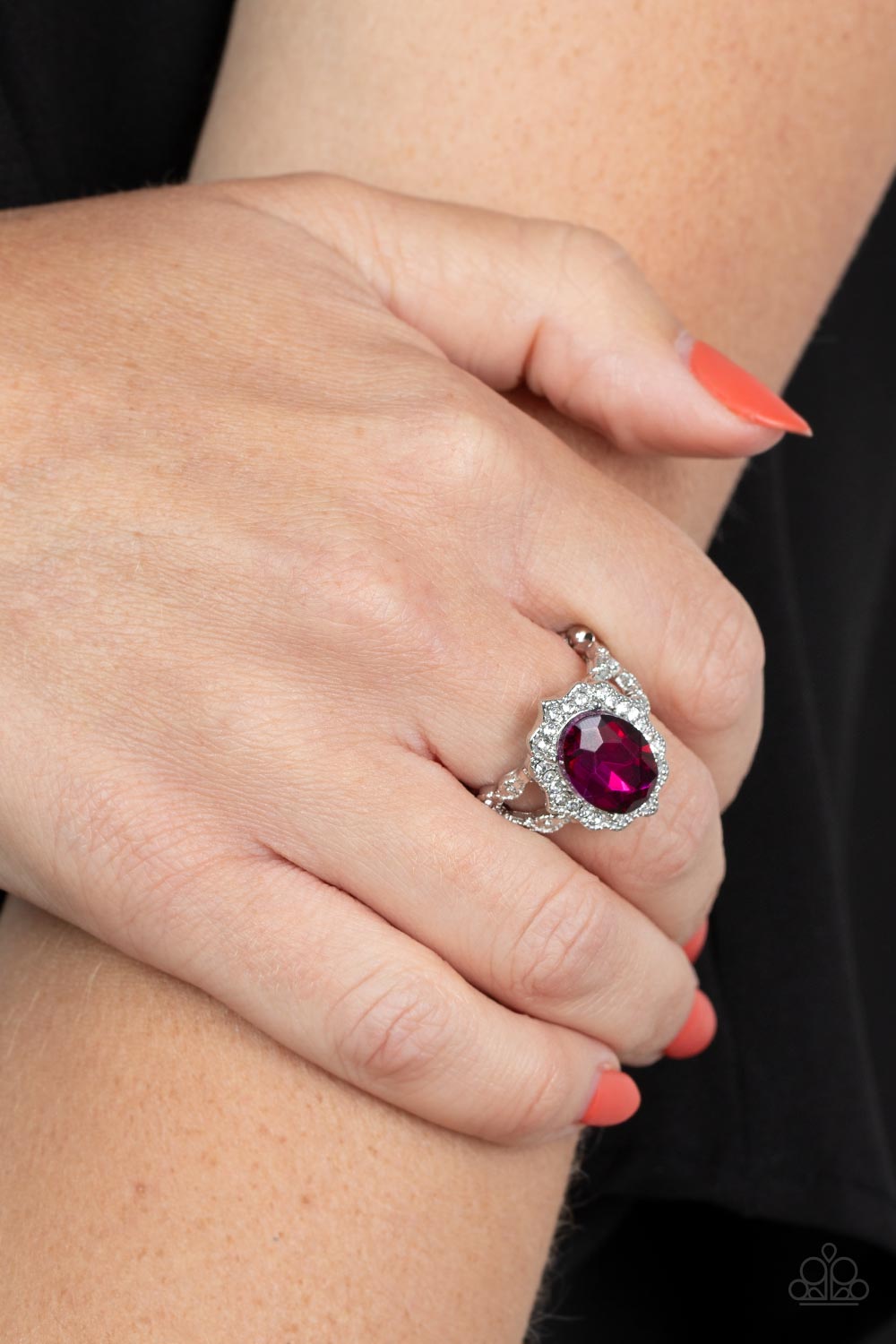 Oval Office Opulence - Pink Oversized Gem & White Dainty Rhinestone Paparazzi Ring