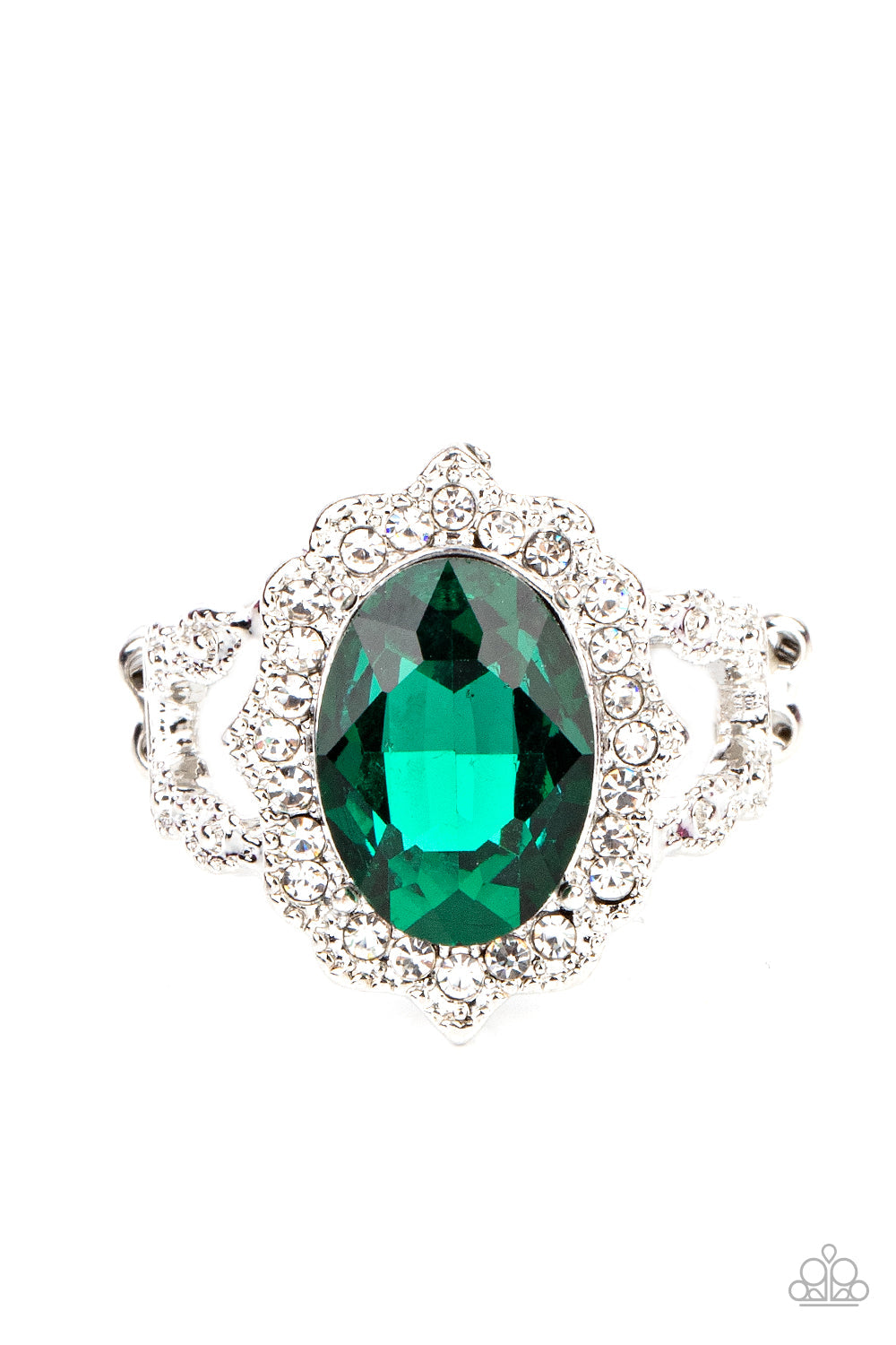 Oval Office Opulence - Green Oversized Gem & White Rhinestone Paparazzi Ring