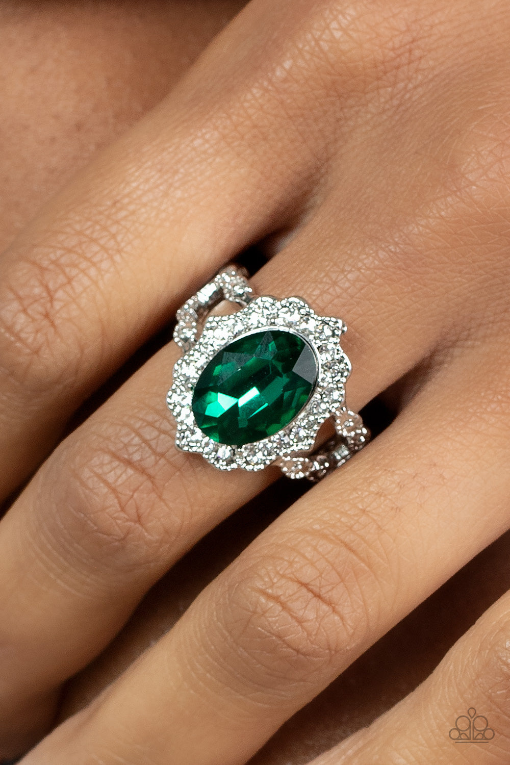 Oval Office Opulence - Green Oversized Gem & White Rhinestone Paparazzi Ring