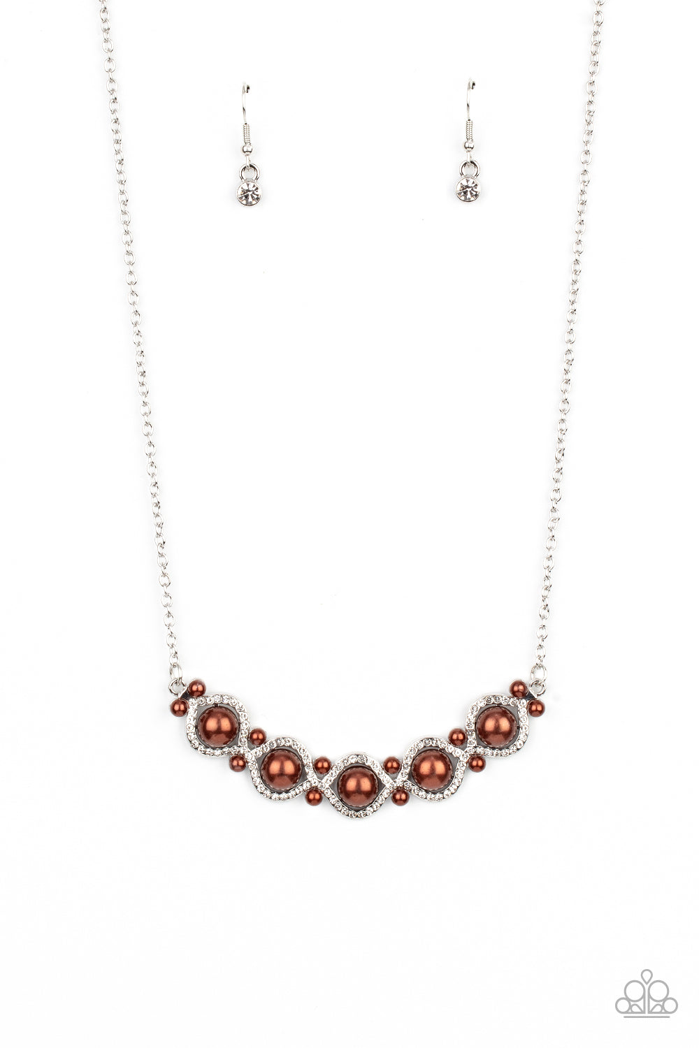 Life of The Wedding Party - Brown Dainty Pearls & White Rhinestone Pendant Paparazzi Necklace & matching earrings