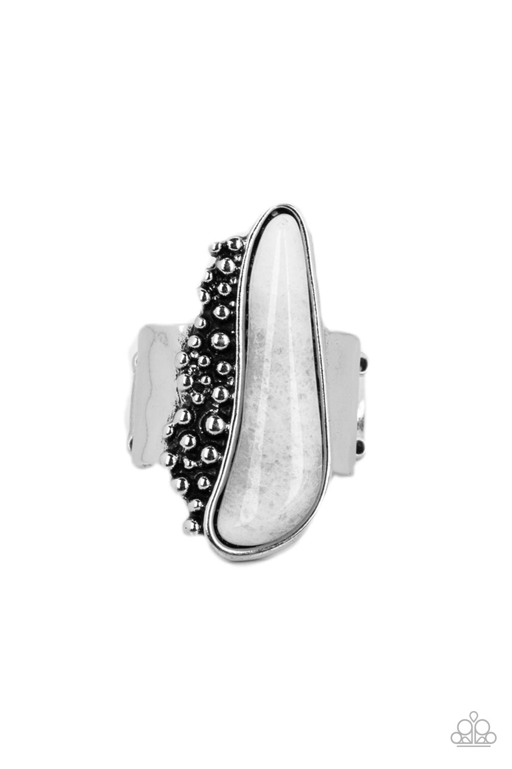 Gemstone Guide - White Asymmetrical Stone & Silver Studded Paparazzi Ring